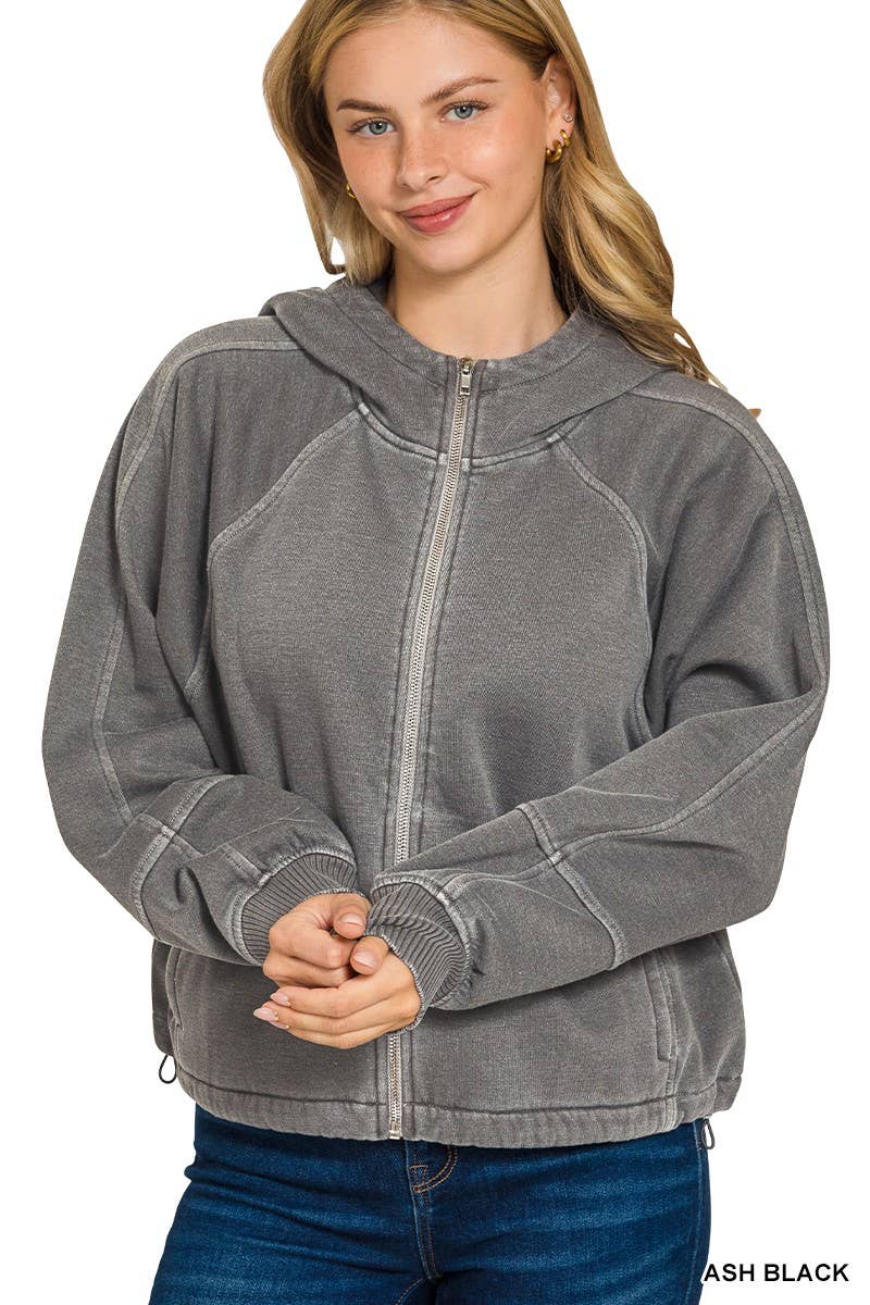 Fleece Pigment Dye Zip Up Hoodie W Pockets