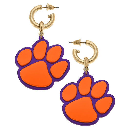 Clemson Tigers Resin Logo Drop Hoop Earrings in Orange