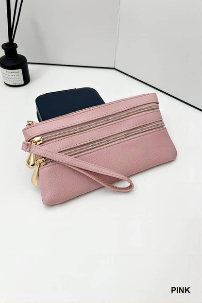 Leather Triple Zip Wrist Clutch
