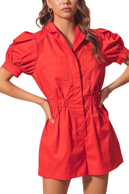Button Up Romper With Puff Sleeves