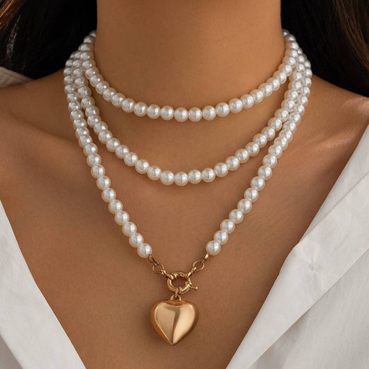 MULTI WRAP PEARL BEADED HEART CHARM NECKLACE