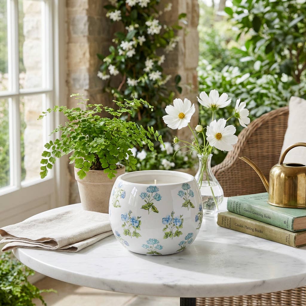 Ceramic Blue Floral Candle – Garden Terrace (16.5 oz)