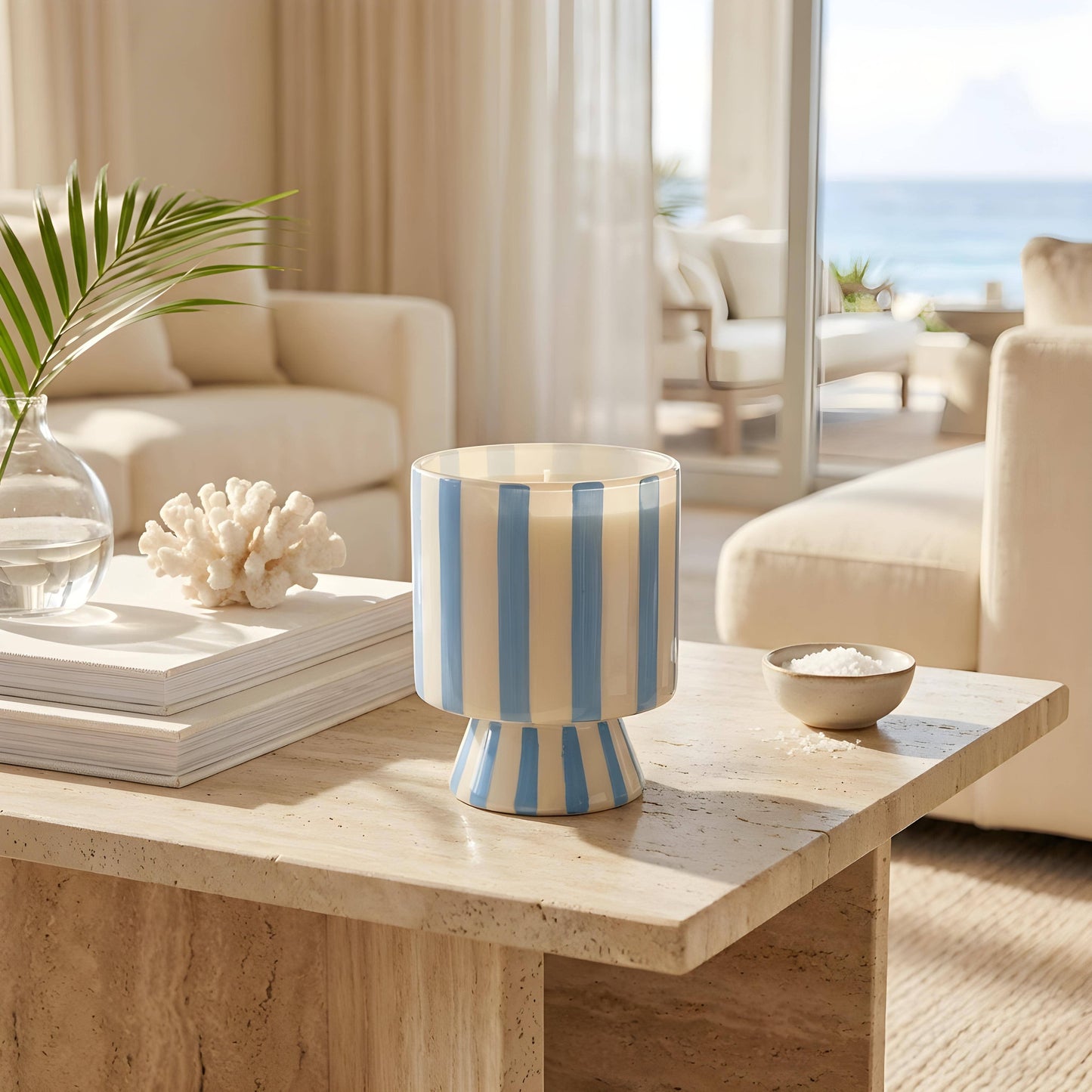 Blue Stripe Pedestal Glass Candle – Resort