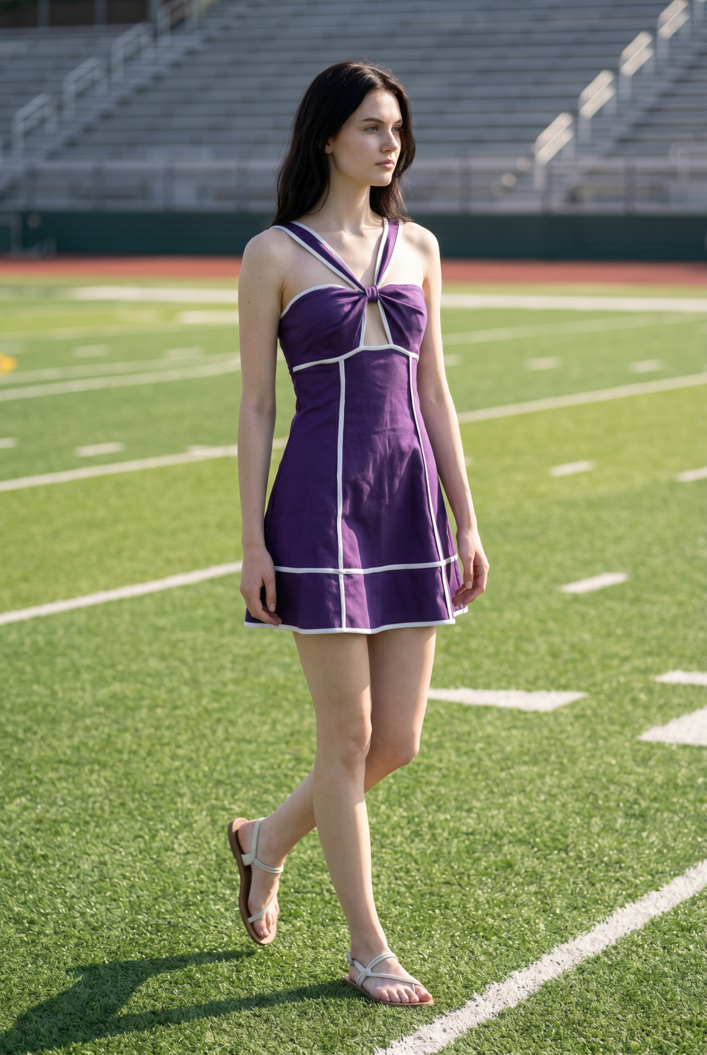 Linen contrast binding cutout mini criss-cross dress