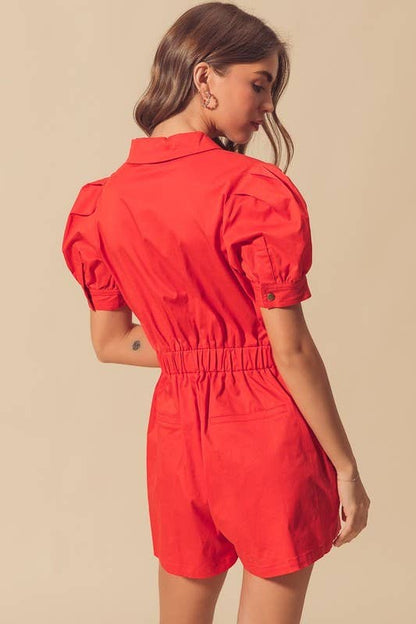 Button Up Romper With Puff Sleeves