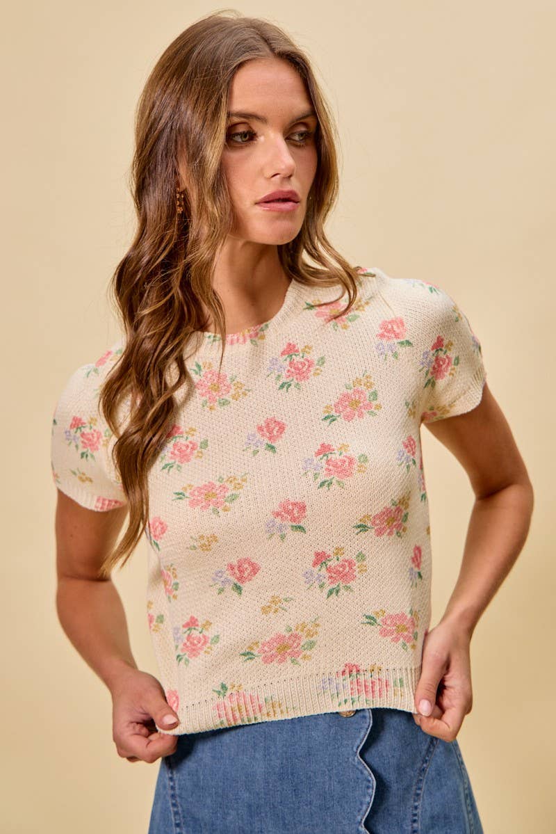 Floral Short Sleeves Sweater Top