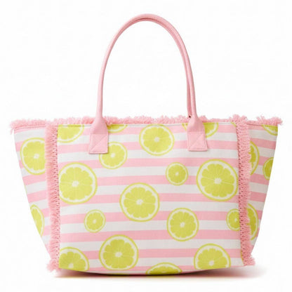 Lemon Pattern Stripe Fringe Trim Shoulder Tote Bag