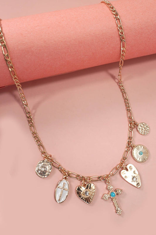 CHARM NECKLACE-MULTI CROSS HEART DISC CHARMS