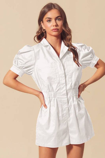 Button Up Romper With Puff Sleeves