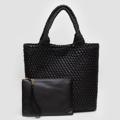 Faux Leather Braided Tote Bag w/Pouch