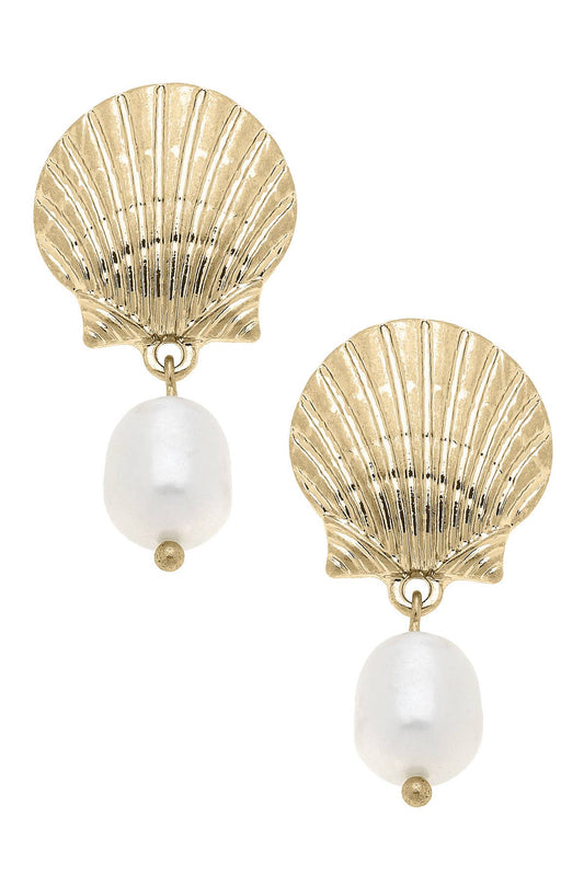 Perla Scallop Shell Drop Earrings in Shiny Gold