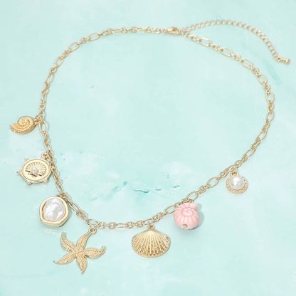 Starfish Shell Pearl Charm Station Necklace