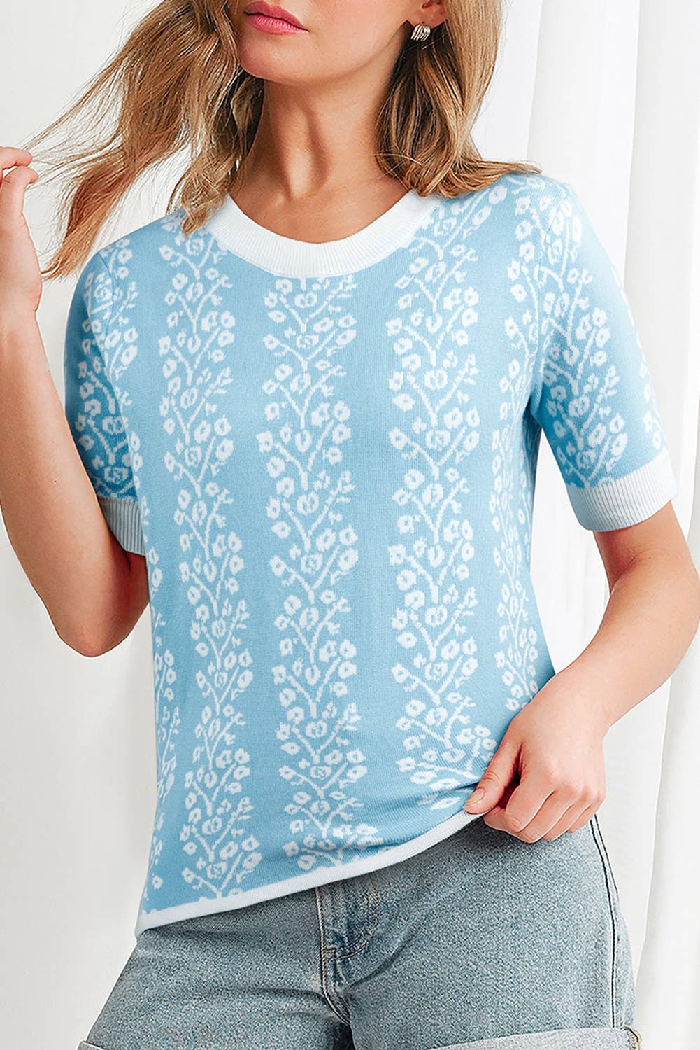 Floral Crewneck Short Sleeve Sweater