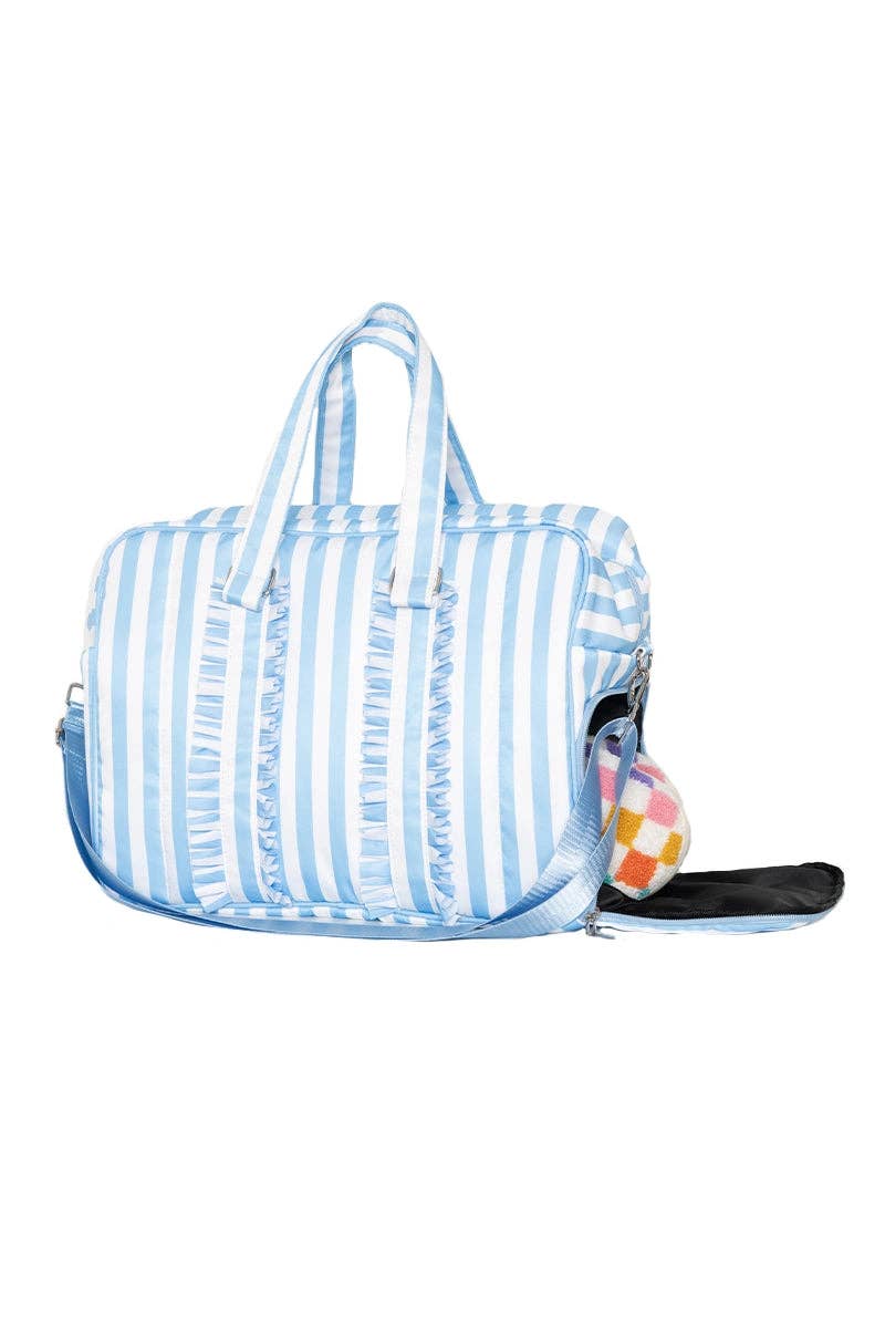 Blue Stripe Ruffle Overnight Bag