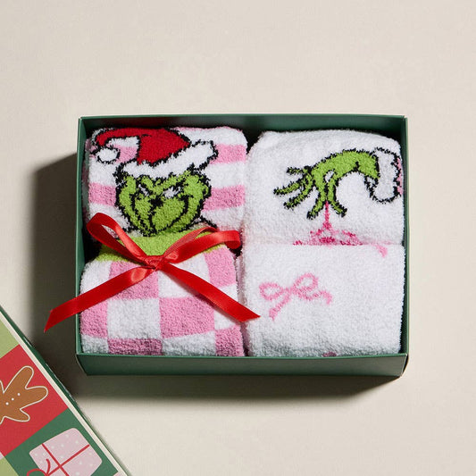 4Pairs - Green Monster Checkered Bow Printed Christmas Bundle Gift Socks Set