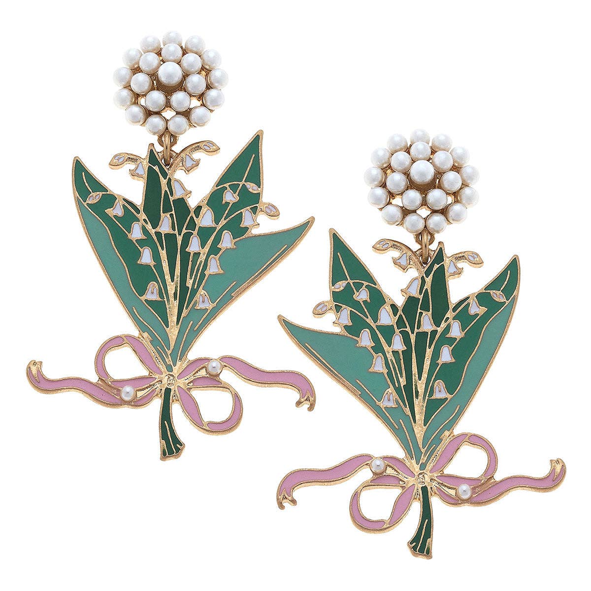Lily of the Valley Enamel Bouquet Earrings in Green & Pink