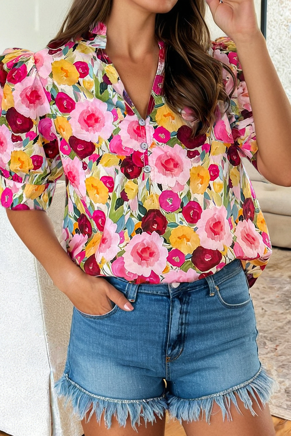 Flora V Neck Short Sleeve Blouse