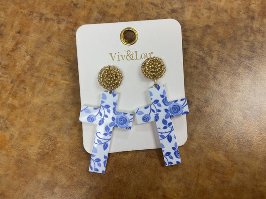 Blue Floral Cross Earrings
