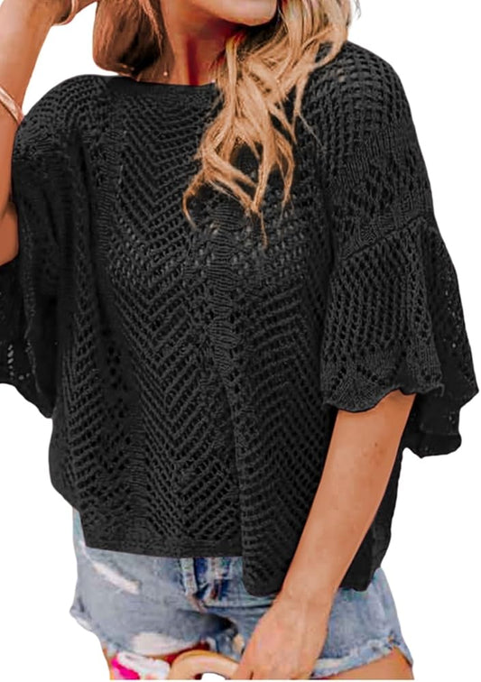 Women's Pointelle Knit Scallop Edge Short Sleeve Top: Black