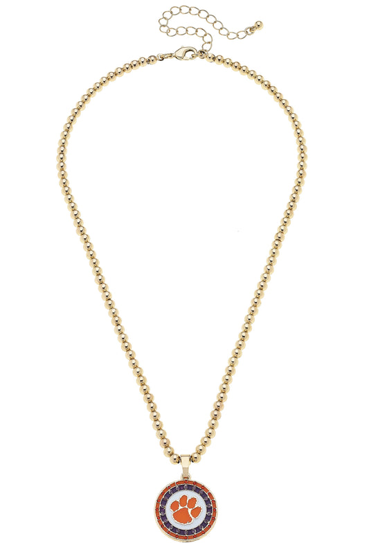 Clemson Tigers Pave Disc Necklace in Shiny Gold