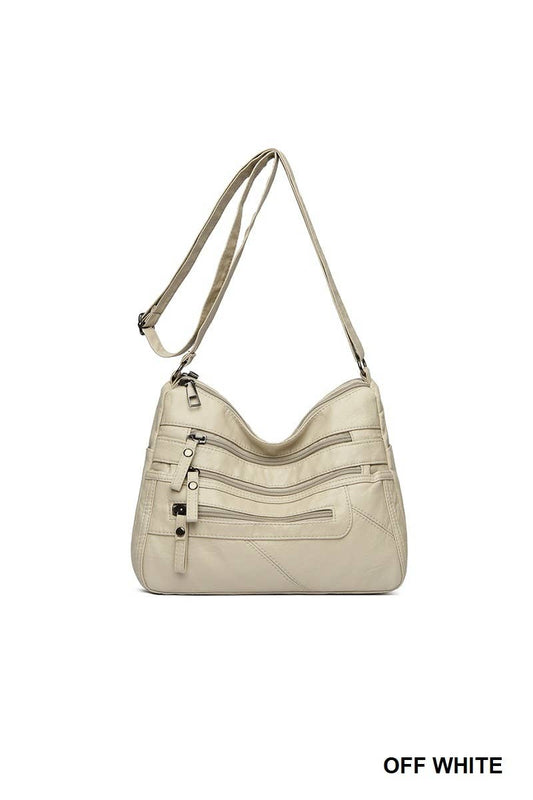 Vegan Leather Multi Zipper Pocket Crossbody Shoulder Bag