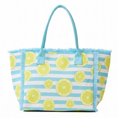 Lemon Pattern Stripe Fringe Trim Shoulder Tote Bag