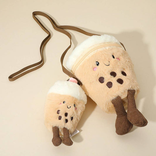 Plush Boba Tea Crossbody Bag Mini Keychain Set