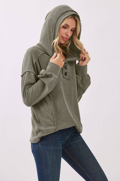Solid Rib Button Front Hooded Top