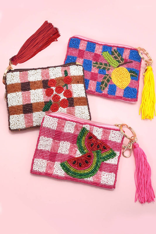 CHECKER FRUIT SEED BEAD COIN TASSEL PURSE