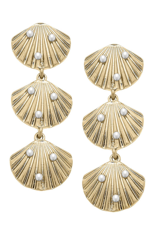 Cassandra Pearl-Studded Shell Earrings in Shiny Gold
