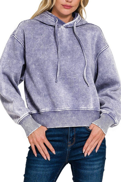 Acid Wash Fleece Cropped Hoodie