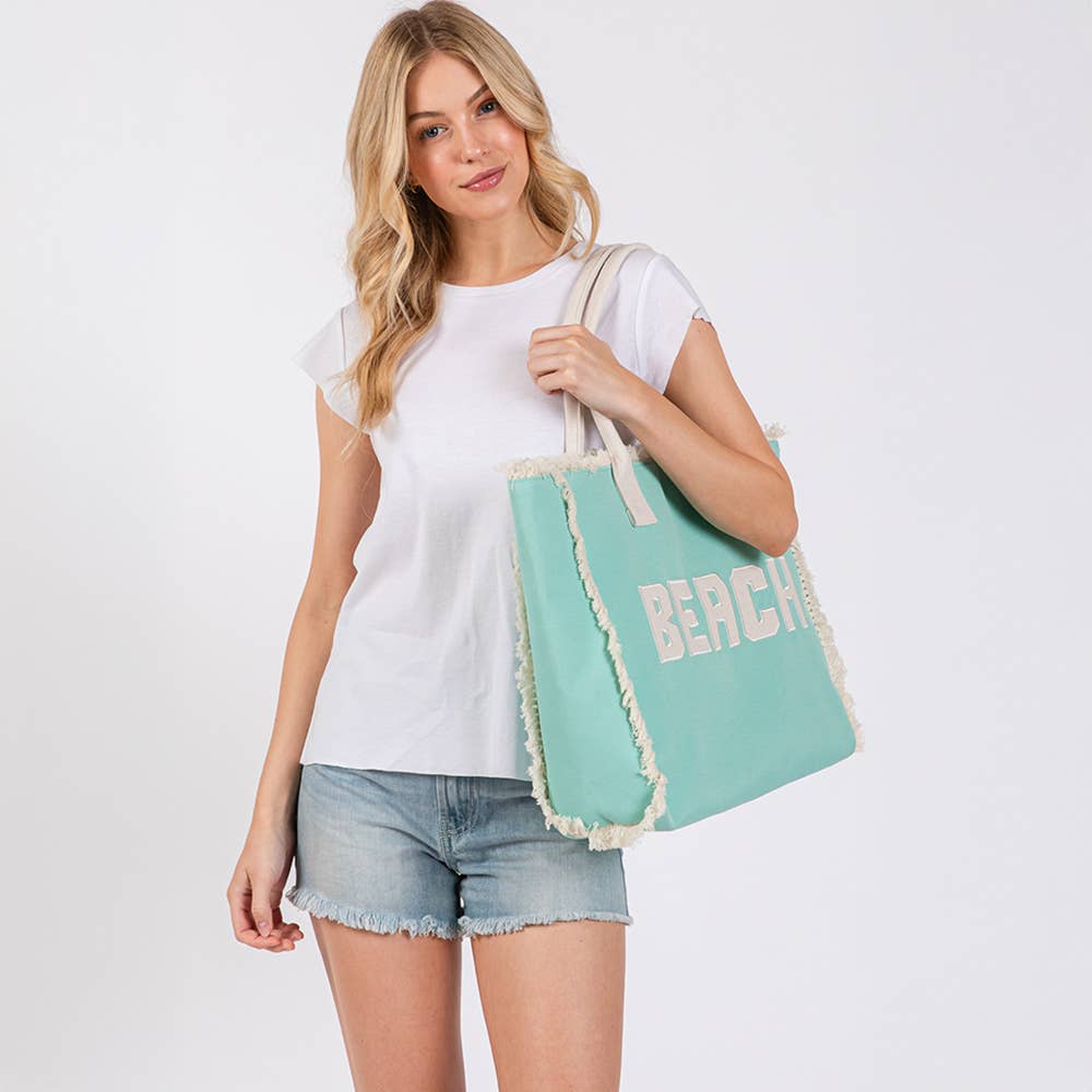 BEACH Message Embroidered Fringe Tote Bag / Beach Bag