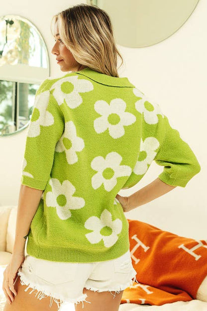 Flower Sweater Top With Shirt Collar