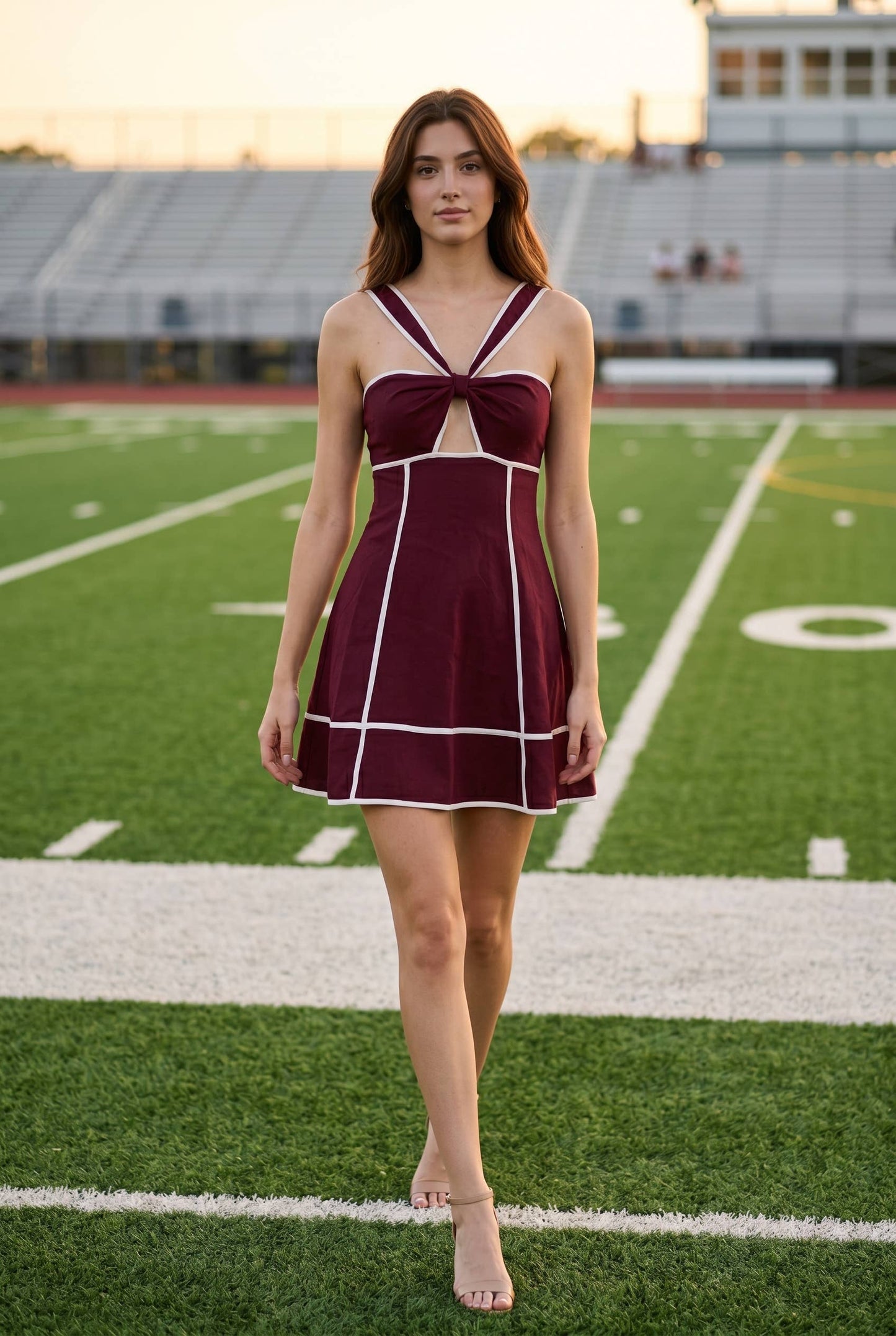 Linen contrast binding cutout mini criss-cross dress