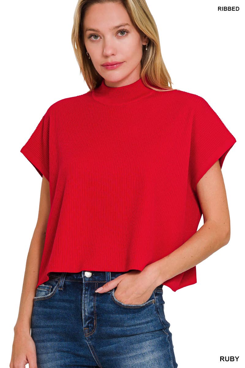 Viscose Mock Neck Short Sleeve Boxy Sweater