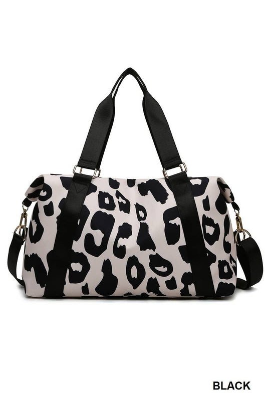 Leopard Print Large Weekend Travel Duffle Bag: BLACK