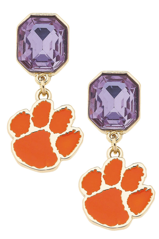 Clemson Tigers Rhinestone Enamel Logo Earrings in Shiny Gold