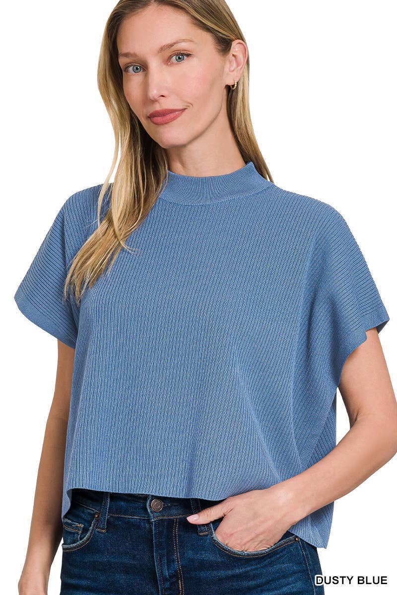 Viscose Mock Neck Short Sleeve Boxy Sweater