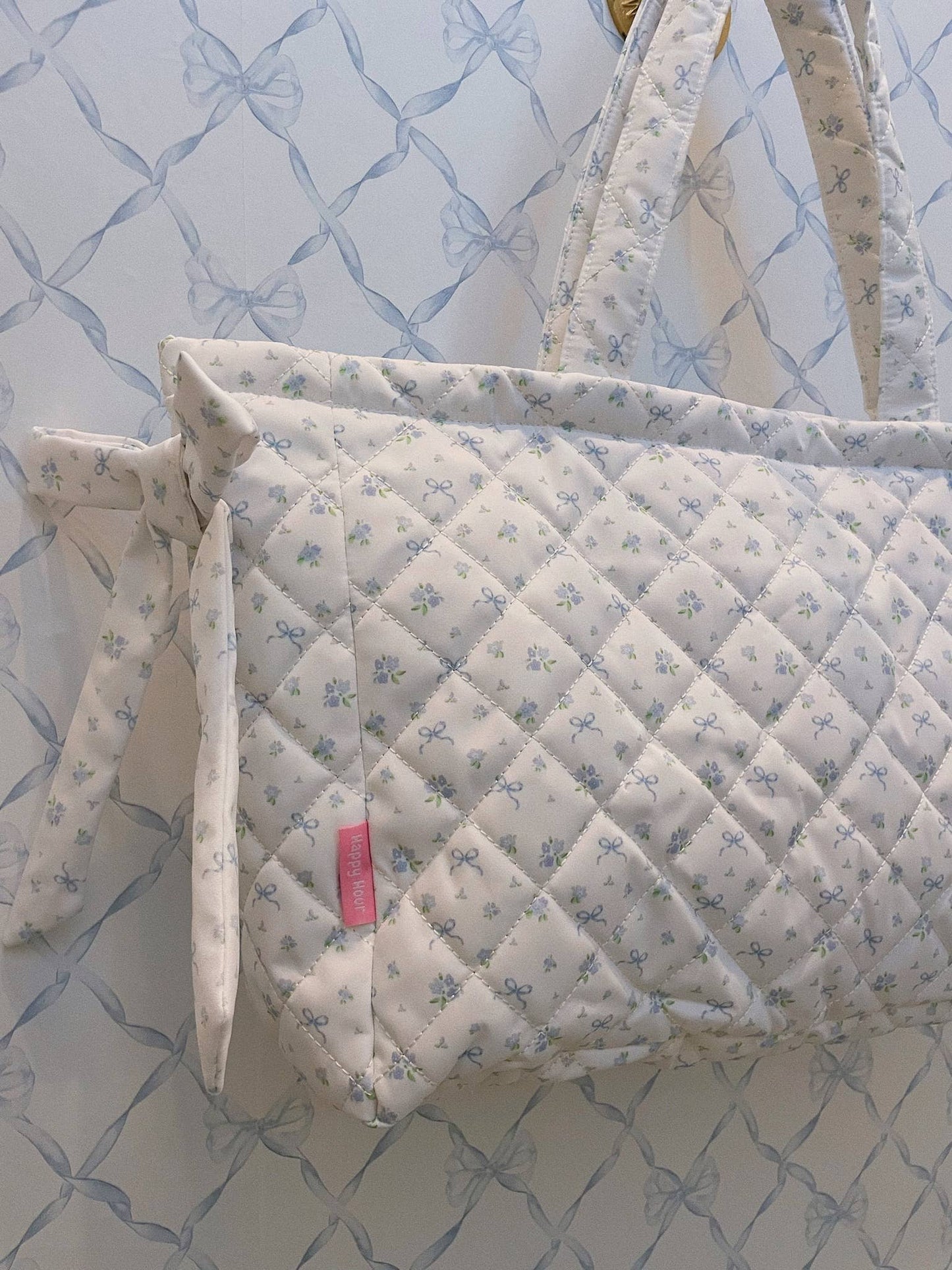 Large Blue Flower Print Bow Bag