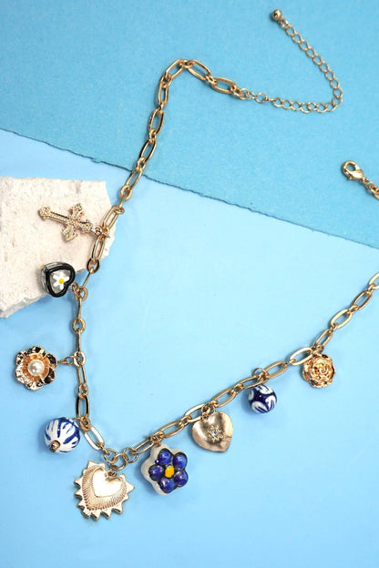 BLUE CERAMIC PORCELAIN HEART CROSS CHARM NECKLACE
