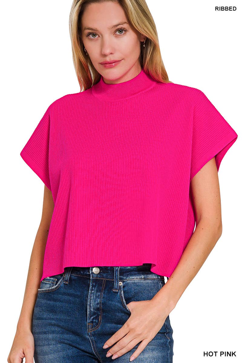 Viscose Mock Neck Short Sleeve Boxy Sweater