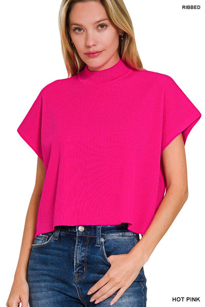 Viscose Mock Neck Short Sleeve Boxy Sweater