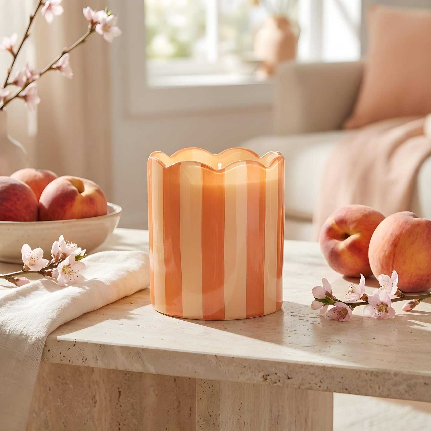 15 oz Orange Scallop Stripe Glass Candle – Fresh Peaches