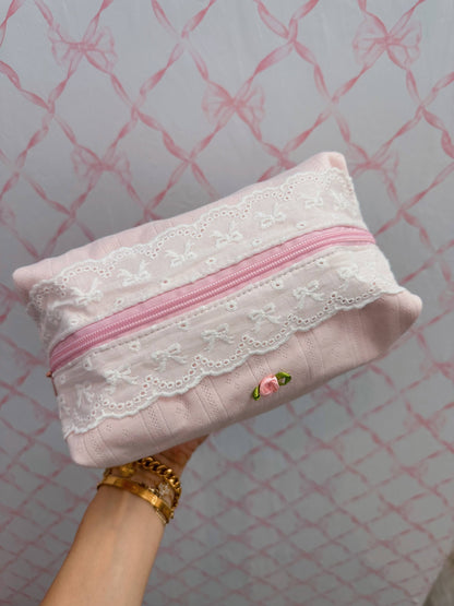 Light Baby Pink Lace trimming Makeup Bag