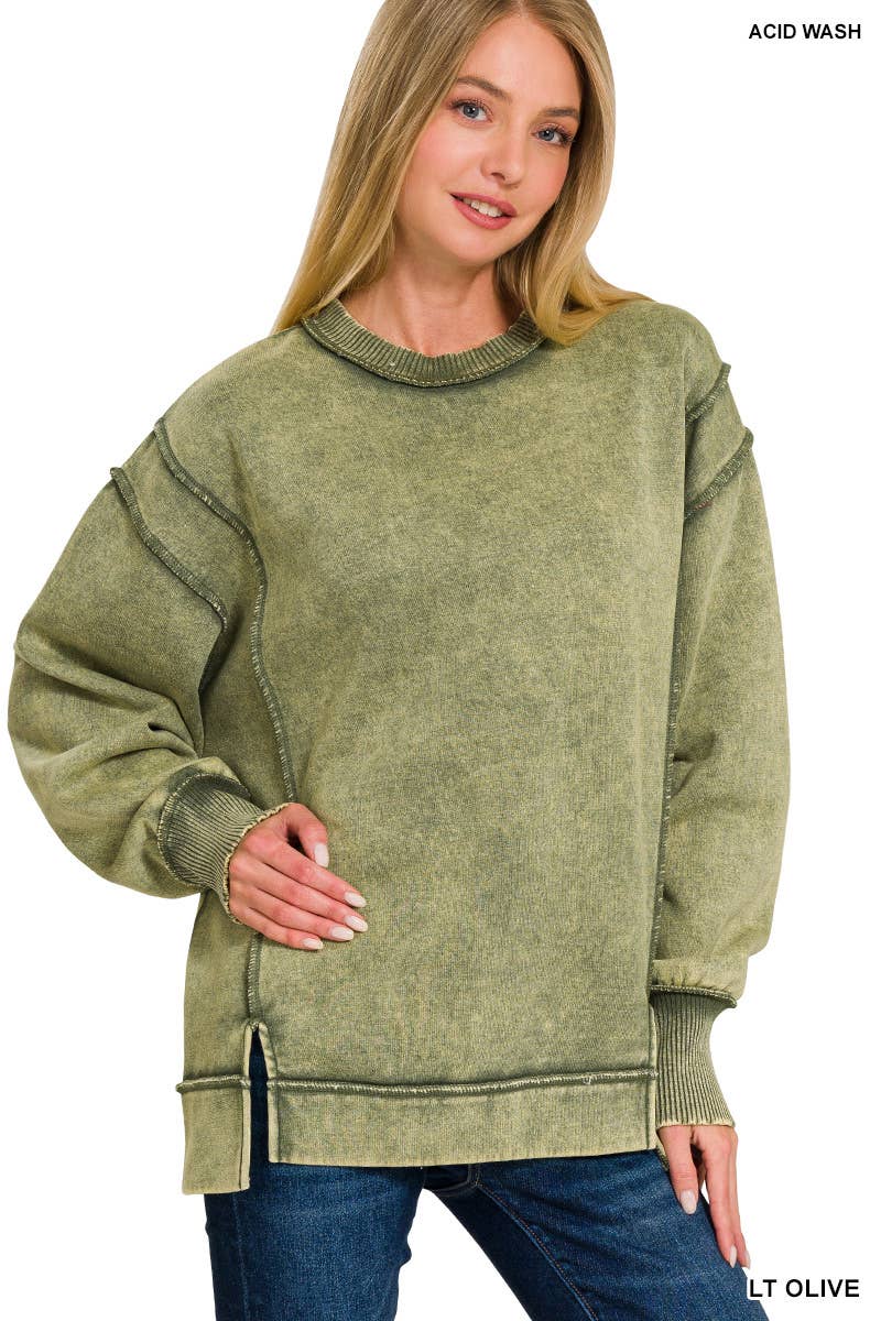 Acid Wash Exposed-seam Fleece Sweatshirt