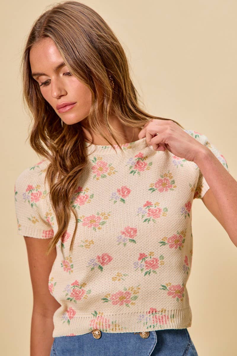 Floral Short Sleeves Sweater Top