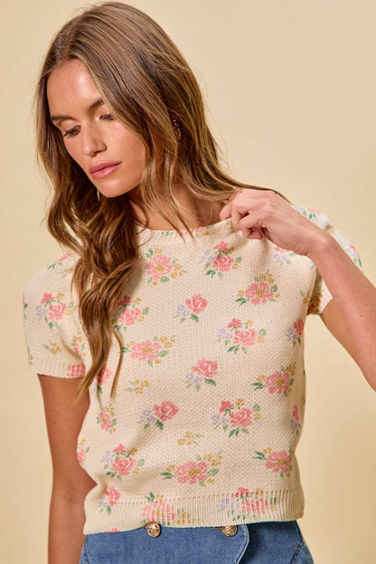Floral Short Sleeves Sweater Top