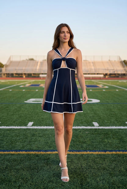 Linen contrast binding cutout mini criss-cross dress