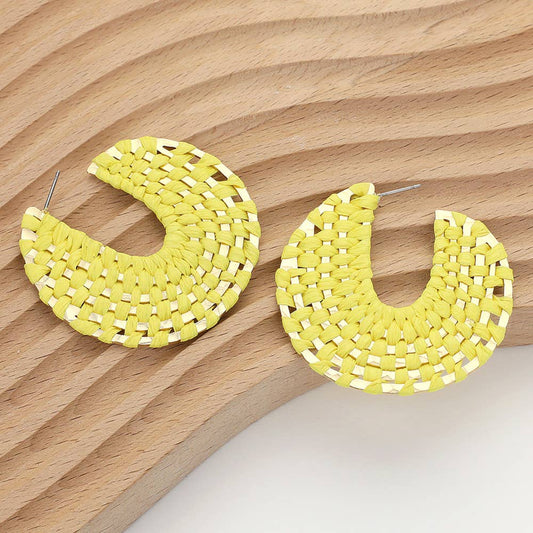 Raffia Weaved Flat Metal Hoop Earrings Yellow