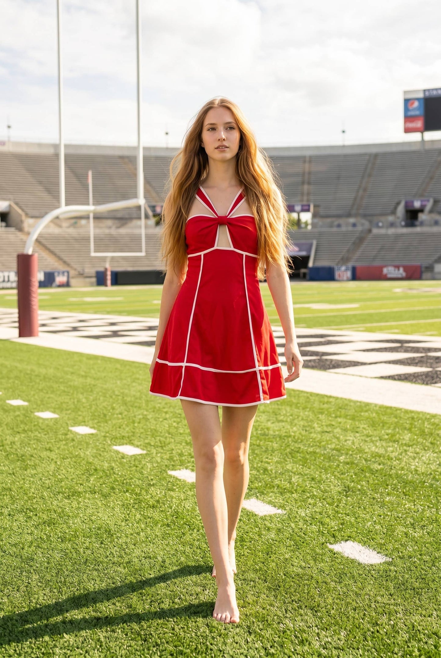 Linen contrast binding cutout mini criss-cross dress